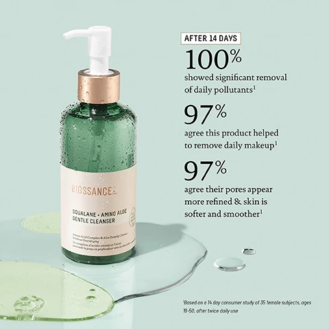 Image 1 - A green bottle of Biossance Squalane + Amino Aloe Gentle Cleanser is placed on a light green surface with water droplets, accompanied by text stating that after 14 days, 100% showed significant removal of daily pollutants, 97% agree this product helped to remove daily makeup, and 97% agree their pores appear more refined and skin is softer and smoother.
Image 2 - A jar of Squalane + Probiotic Gel Moisturizer with a thick cream on top, alongside statistics showing 100% agree their skin looks calm and less irritated after one use, 94% showed improvement in pore size, 94% agree redness was visibly improved after one week, and 97% agree their skin looks clearer after four weeks.
Image 3 - Three side-by-side photos showing a persons face before using a product, after 2 days, and after 22 days, with visible improvements in skin texture and reduction of blemishes, along with an image of a jar labeled SQUALANE + PROBIOTIC GEL MOISTURIZER at the bottom.
Image 4 - Image shows a comparison of a forehead with wrinkles labeled Before at the top and visibly smoother skin labeled Day 28 at the bottom, with a green serum bottle on the right labeled Squalane + Copper Peptide Rapid Plumping Serum.
