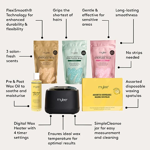 image 1, flexismooth technology for enhanced durability and flexiability. grips the shortest of hairs. gentle and effective for sensitive areas. long lasting smoothness. no strips needed. assorted disposable waxing spatulas. simple cleanse jar for easy measurement and cleaning. ensures ideal wax temperature for optimal results. digital wax heater with 4 timer settings. pre and post wax oil to soothe and moisturise. 3 salon fresh scents. image 2, step by step. 1 = heat - place the wax beads in the silicone jar and heat using the H1 or H2 settings. 2 = prep - prep the skin by applying mylee 2 in 1 pre and post wax oil on the areas to be waxed. 3 = test, test the temperature of the wax on the inside of you wrist it should be warm, not hot. 4 = spread, using a disposable spatula, spread the wax in the direction of hair growth. 5 = cool, let the wax cool and harden. 6 = pull, pinch one end and pull the wax off against the direction of hair growth. 7 = finish, once all areas have been waxed, apply more pre and post wax oil to moisturise the skin and remove any wax residue.