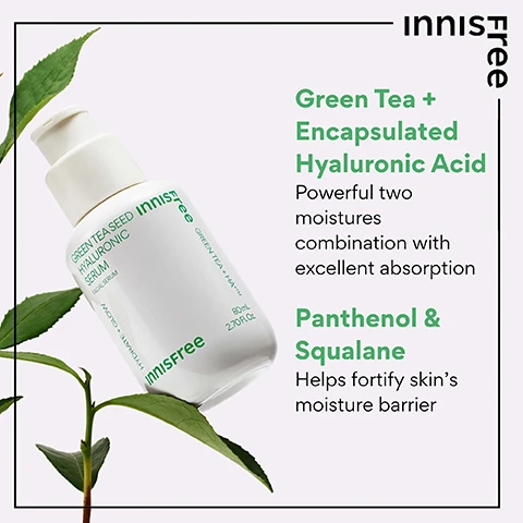 Image 4 - A white Innisfree serum bottle with a pump dispenser is surrounded by green tea leaves, displaying the text Innisfree, Innisfree Green Tea Seed Hyaluronic Serum Facial Serum, HYDRATE + GLOW, Innisfree GREEN TEA + HA™, 80 mL 2.70 Fl. Oz., Green Tea + Encapsulated Hyaluronic Acid Powerful two moistures combination with excellent absorption, and Panthenol & Squalane Helps fortify skins moisture barrier. Image 5 - A hand dispenses a clear serum from an Innisfree Green Tea Hyaluronic Serum bottle onto a finger, with visible text that reads: HYDRATION & GLOW. 96% felt that the serum strengthen their skin’s moisture barrier to help with dryness*. 93% think their skin looks healthier and more radiant*. 93% felt immediately after use that the serum helps to balance the skin’s hydration and oil levels*. *Based on a 14-day independent consumer study on 30 women aged 20-35. Image 6 - A white Innisfree Green Tea Seed Hyaluronic Serum bottle with a pump dispenser is surrounded by green leaves and water bubbles on a light orange background, displaying text on the bottle that reads GREEN TEA SEED HYALURONIC SERUM, FACIAL SERUM, HYDRATE + GLOW, innisfree, GREEN TEA + HA™, 80mL, 2.70Fl.Oz., alongside overlaid text stating Water like gel-texture, Absorbs quickly, and Fragrance Alcohol Free. Image 7 - A person applies Innisfree Green Tea Seed Hyaluronic Serum to their face, with visible clear serum drops on their cheek, against a green background asking WHO IS THIS GOOD FOR? and listing the benefits as Dulll skin, Dehydrated skin, All skin types, and Compromised moisture barrier.