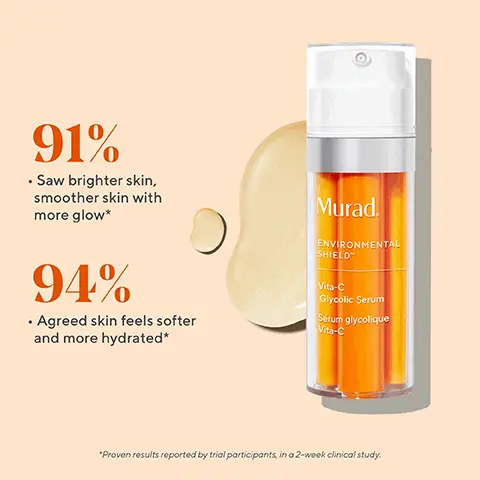 Image 1, 91% • Saw brighter skin, smoother skin with more glow* 94% • Agreed skin feels softer and more hydrated* Murad. ENVIRONMENTAL SHIELDTM Vita-C Glycolic Serum Sérum glycolique Vita-C "Proven results reported by trial participants, in a 2-week clinical study. Image 2, Before After 4 weeks VITA-C GLYCOLIC SERUM Image 3, DELIVERS 100% MINERAL PROTECTION -NO CHEMICAL SUNSCREENS SHIELDS SKIN FROM 96% OF POLLUTION SHIELDS SKIN FROM 89% OF BLUE LIGHT FROM SCREENS+ Murad. City Skin Age Defense Broad Spectrum SPF 50 | PA**** Mineral Sunscree Soin anti-âge à large spectre City Skin SPF 50 | PA**** WATER RESISTANT FOR UP TO 40 MINUTES *Test result for deposition of selected pollutants with polymer matrix vs. placebo. "In-vitro test results with final product. Image 4, Daily Illuminators Value Kit Vita-C 02 Glycolic Serum Massage Vita-C Glycolic Serum to face, neck and chest. 9 01 Your Favourite Cleanser Cleanses, refreshes + preps for treatment Your Favourite 03 Moisturiser Hydrates + preps skin for SPF City Skin Age 04 Defense SPF 50 Apply City Skin Age Defense SPF 50 over face, neck + chest for 100% mineral UV defense Mural