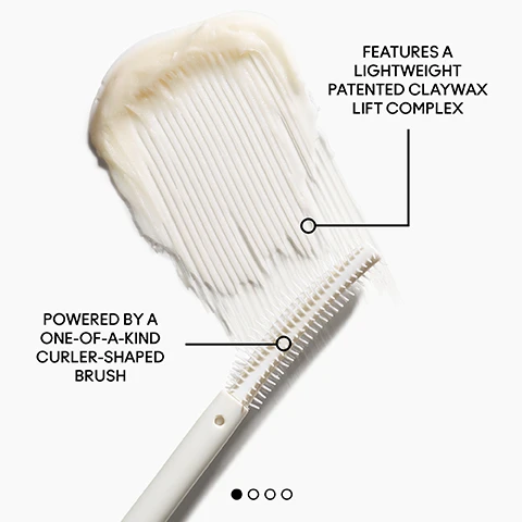 image 1, features a lightweight patented claywax lift complex. powered by a one of a kind curler shaped brush. image 2, reduces smudging 93% agree. lifts lashes, 92% agree. consumer testing on 168 people after one week of product use. consumer testing on 177 people after one week of product use. image 3, step 1 = start with bare lashes. step 2 = swipe on Mac stack legit lift lash primer from root to lip. step 3 = stack on mac stack mascara for volume and length