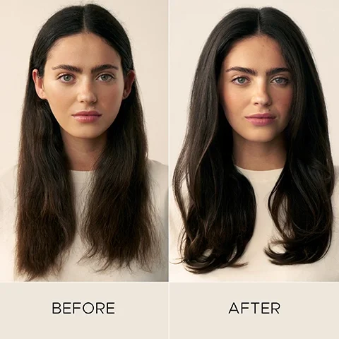 A split image shows a person with dark hair before and after a treatment, with the text BEFORE on the left and AFTER on the right.