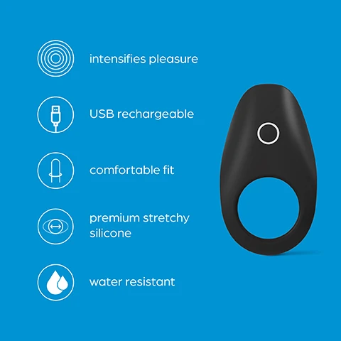 Image 1 - A black silicone device with a circular opening at the bottom, on a blue background, accompanied by text that includes intensifies pleasure, USB rechargeable, comfortable fit, premium stretchy silicone, and water resistant.
Image 2 - Image of a black device with a central button, accompanied by text on a blue background that lists features: 3 Speeds & 7 patterns, and a description stating a range of functions to pleasure both you and your partner.
Image 3 - An image of a black cock ring with a circular opening on a blue background, accompanied by text that reads Comfortable fit Stretchy & flexible, this cock ring will fit most penis owners.