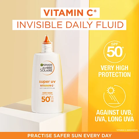 Image 1 - Image shows a bottle of Garnier Ambre Solaire Super UV Vitamin C Anti-Dark Spots Fluid sunscreen with text VITAMIN C* INVISIBLE DAILY FLUID SPF 50+ VERY HIGH PROTECTION AGAINST UVB, UVA, LONG UVA PRACTISE SAFER SUN EVERY DAY. Image 2 - Close-up of a womans face with a hand applying sunscreen, showing text FLUID TEXTURE • INVISIBLE FINISH LIGHTWEIGHT • NON GREASY • NON STICKY PRACTISE SAFER SUN EVERY DAY. Image 3 - A woman holds a bottle of Garnier Ambre Solaire Super UV Vitamin C Anti-Dark Spots Fluid SPF 50+ sunscreen with text reading SUITABLE FOR SENSITIVE SKIN, REDUCES THE APPEARANCE OF DARK SPOTS, 85% AGREE SKIN LOOKS MORE RADIANT & GLOWING*, NON-COMEDOGENIC, *Self assessment, 150 subjects, TM Cruelty Free International, GARNIER AMBRE SOLAIRE SUPER UV VITAMIN C* ANTI-DARK SPOTS FLUID VERY HIGH PROTECTION SPF 50+ +UVB (UVA) LONG UVA, PRACTISE SAFER SUN EVERY DAY. Image 4 - A hand holds a dropper bottle over another hand with a drop of liquid, showing skin tone progression from fair to tanned, and text instructions MIX WITH MOISTURISER FOR TAILOR-MADE GLOW 1-4 DROPS: SUN-KISSED TAN 4-8 DROPS: GOLDEN TAN 8-12 DROPS: BRONZE TAN. Image 5 - A bottle of Garnier Ambre Solaire Natural Bronzer Self-Tan Face Drops with a dropper is shown next to two dishes containing liquid and coconut pieces, with text that reads HYALURONIC ACID + COCONUT WATER, PLANT-BASED ORIGIN TANNING ACTIVE, GARNIER AMBRE SOLAIRE NATURAL BRONZER SELF-TAN FACE DROPS, Cruelty Free International, and VEGAN FORMULA* no animal derived ingredients. Image 6 - A woman holds a Garnier Ambre Solaire Natural Bronzer Self-Tan Face Drops bottle to her face beside text reading 93% AGREE IT IS EASY TO USE* 91% AGREE IT PROVIDES A NATURAL GLOW TO THEIR SKIN* 87% AGREE THAT IT DOESNT LEAVE RESIDUE OR STREAKS* with small text at the bottom reading *XX% OF 178 HOME TESTER CLUB PANELISTS AGREED (MARCH 2023).