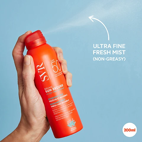 Image 10 - A person applies white cream from a turquoise tube to their leg, spreading it with their hand, with text visible on the tube and as an overlay. The tube reads: APRES-SOL SUN SECURE SOIN APAISANT HYDRATANT & RÉPARATEUR SOOTHING HYDRATING & REPAIRING CARE BÉBÉ, ENFANT, ADULTE PEAU ÉCHAUFFÉE VISAGE ET CORPS BABY, CHILD, ADULT OVERHEATED SKIN FACE AND BODY PARIS. The overlay text reads: HOW TO USE Apply to clean, dry skin following sun exposure. Image 11 - An assortment of SVR SPF50+ sun protection products, including fresh mist, milk spray, dry oil spray, invisible water, hydrating milk, and after-sun milk, are displayed on a sandy beach with the text SVR SPF50+ PROTECTION, FIND YOUR IDEAL FORMAT. Image 3 - A hand holds an orange SVR SPF 50 Sun Secure spray bottle, emitting an Ultra Fine Fresh Mist (Non-Greasy) against a light blue background, with additional text including SVR Laboratoire Dermatologique, Haute Protection High Protection, Brume Sun Secure UVB + UVA + Visible + Infrarouges, Biodégradable Fraîche et Invisible, Biodegradable Fresh and Invisible, Enfant à Partir de 3 Ans, Adulte Peau Hypersensible Au Soleil, Résistant à lEau, Child From 3 Years Of Age, Adult Sun-Hypersensitive Skin, Water-Resistant, Ocean Respect, and a 200ml label. Image 5 - A terracotta-colored SVR SPF50+ sunscreen spray bottle is centered on an orange background, surrounded by descriptive text which reads: MIST SPF50+ SUN SECURE CORE FORMULA; ANTI-OXIDANT COMPLEX (VITAMIN E, WATERCRESS EXTRACT, NIACINAMIDE) Reduces oxidative damage caused by visible light + infrared; SVR SOLAR PATENT* SVR formulations are free from filters suspected of being endocrine disruptors, or irritants, or filters that are harmful to the marine ecosystem *Patent filed n°FR19/04215; and on the bottle itself: SVR LABORATOIRE DERMATOLOGIQUE SPF 50 HAUTE PROTECTION HIGH PROTECTION BRUME SUN SECURE UVB + (UVA) + VISIBLE + INFRAROUGES BIODEGRADABLE FRAÎCHE ET INVISIBLE BIODEGRADABLE FRESH AND INVISIBLE ENFANT À PARTIR DE 3 ANS, ADULTE PEAU HYPERSENSIBLE AU SOLEIL RÉSISTANT À LEAU CHILD FROM 3 YEARS OF AGE, ADULT SUN-HYPERSENSITIVE SKIN WATER-RESISTANT, with a coral graphic and OCEAN RESPECT. Image 6 - A green tube of SVR Sun Secure after-sun milk is displayed on a teal background with arrows pointing to text descriptions of its benefits and ingredients, including AFTER-SUN MILK SUN SECURE CORE FORMULA, ANTI-OXIDANT COMPLEX (VITAMIN E, WATERCRESS EXTRACT, NIACINAMIDE) Reduces oxidative damage caused by visible light + infrared, MICROBIOTIC FERMENTS Hydrate skin, repair cellular damage caused by sun exposure + fortify skin barrier to maintain suppleness + firmness, ALOE VERA Soothes + hydrates skin with lasting effects, and *Patent filed n°FR19/04215, while the tube itself reads SVR LABORATOIRE DERMATOLOGIQUE LAIT APRES-SOLEIL SUN SECURE Aloe vera + Niacinamide + Antioxydants RÉPARATEUR APAISANT HYDRATANT REPAIRING SOOTHING MOISTURISING AFTER-SUN BÉBÉ, ENFANT, ADULTE PEAU ÉCHAUFFÉE VISAGE ET CORPS BABY, CHILD, ADULT OVERHEATED SKIN FACE AND BODY DOCTEURS SVR PARIS. Image 7 - A coral-orange SVR Brume Sun Secure SPF 50 sunscreen spray bottle is centered on an orange background, surrounded by graphics of coral and a recycling symbol, with various product details and claims presented as text that reads: OCEAN RESPECT, REEF SAFE, Non-toxic to marine life, Biodegradable, SVR LABORATOIRE DERMATOLOGIQUE, SPF 50 HAUTE PROTECTION HIGH PROTECTION, BRUME SUN SECURE UVA + UVB + VISIBLE + INFRA ROUGES, BIODEGRADABLE FRAICHE ET INVISIBLE, BIODEGRADABLE FRESH AND INVISIBLE, ENFANT À PARTIR DE 3 ANS, ADULTE PEAU HYPERSENSIBLE AU SOLEIL RÉSISTANT À L’EAU, CHILD FROM 3 YEARS OF AGE, ADULT SUN-HYPERSENSITIVE SKIN WATER-RESISTANT, OCEAN RESPECT, SPF 50+ VERY HIGH PROTECTION AGAINST UVA + UVB + VISIBLE + INFRARED, Sensitive skin safe, For age 3 + up, ULTRA FINE FRESH TEXTURE, Quick + easy application, Light, invisible finish, Water resistant, Non-greasy, Non -sticky, + ECO-RESPONSIBLE, 100% recyclable aluminium can. Image 8 - A teal tube of SVR SUN SECURE LAIT APRES-SOLEIL is centered on a teal background, surrounded by white text reading: SVR LABORATOIRE DERMATOLOGIQUE, Aloe vera + Niacinamide + Antioxidant, RÉPARATEUR APAISANT HYDRATANT, REPAIRING SOOTHING MOISTURISING AFTER-SUN, BÉBÉ, ENFANT, ADULTE, PEAU ÉCHAUFFÉE, VISAGE ET CORPS, BABY, CHILD, ADULT, OVERHEATED SKIN, FACE AND BODY, DOCTEURS SVRERET PARIS. To the left, a water drop icon accompanies text: FRESH GEL-CREAM TEXTURE Combats over-heating Intensely nourishing, repairing + smoothing Dryness is relieved Tan is prolonged, followed by a recycling symbol and text: + ECO-RESPONSIBLE 100% recyclable packaging New design - contains 25% less plastic! To the right, text reads: 97% Ingredients of natural origin, CLEAN FORMULA Tested for endocrine disruptors, SENSITIVE SKIN SAFE Dermatologically tested For baby + up, and a red-bordered white circle overlapping the tube states TESTED* ENDOCRINE DISRUPTORS. Image 9 - A person sprays an orange SVR Sun Secure SPF 50+ sunscreen bottle onto their stomach, wearing a red bikini, at a beach, with a white curved arrow showing the spray path and a red drop icon. Visible text on the bottle and image reads: SVR LABORATOIRE DERMATOLOGIQUE BRUME SUN SECURE UVB+UVA+VISIBLE+INFRAROUGES SPF 50+ TRES HAUTE VERY HIGH PROTECTION BIODEGRADABLE FRAÎCHE ET INVISIBLE FRESH AND INVISIBLE ENFANT À PARTIR DE 3 ANS PEAU HYPERSENSIBLE AU SOLEIL RÉSISTANT À LEAU CHILD FROM 3 YEARS OF AGE SUN-HYPERSENSITIVE SKIN WATER-RESISTANT OCEAN RESPECT HOW TO USE Apply generously + evenly before sun exposure For face, spray onto hands then apply to the face Stay safe in the sun, re-apply frequently.