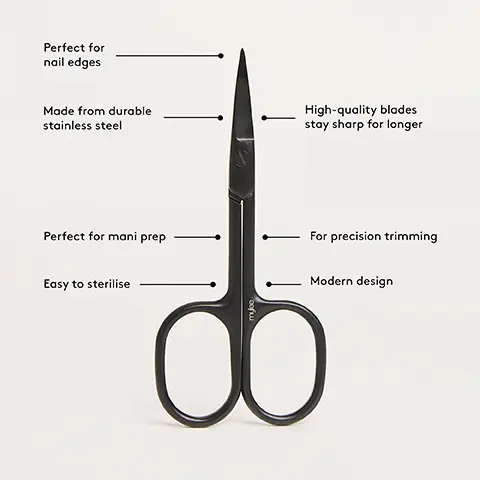 Image 1, Perfect for nail edges Made from durable stainless steel High-quality blades stay sharp for longer Perfect for mani prep For precision trimming Easy to sterilise Modern design Image 2, Step-By-Step 1. PREP Gently push back your cuticles with the Mylee Metal Cuticle Pusher' or a wooden cuticle stick. 2. CLIP Position the scissors parallel to your nail, then carefully trim along the nail's edge using small and controlled snips for precision. Avoid cutting too deep or into the skin. 3. FINISH Wash your hands and apply a dash of Mylee Cuticle Oil' to nourish. * Products sold separately