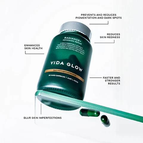 Image 1 - A green bottle of Vida Glow supplements with a silver cap is balanced on a green stick, with two green capsules nearby, and the visible text includes RADIANCE+ ADVANCED REPAIR, A DAILY INGESTIBLE CAPSULE THAT HELPS ENHANCE SKIN HEALTH TO SUPPORT A RADIANT COMPLEXION WITH TARGETED ACTIVE MELA-TECH™, VIDA GLOW, New and improved formula, 30 HARD CAPSULES | AUST L 431538, PREVENTS AND REDUCES PIGMENTATION AND DARK SPOTS, REDUCES SKIN REDNESS, ENHANCES SKIN HEALTH, FASTER AND STRONGER RESULTS, and BLUR SKIN IMPERFECTIONS. Image 2 - The image shows a split-screen layout with before and after close-up photos of a persons face on the right, demonstrating reduced skin pigmentation, and a green background on the left displaying a product bottle and marketing text that reads 33% reduction in pigmentation in 8 weeks, MEASURED BY VISIA® TECHNOLOGY, WEEK 1, WEEK 8, RADIANCE+ ADVANCED REPAIR A DAILY INGESTIBLE CAPSULE THAT HELPS ENHANCE SKIN HEALTH TO SUPPORT A RADIANT COMPLEXION WITH RADIANCE+ INNER-GLOW TECH™ VIDA GLOW New and improved formula 30 HARD CAPSULES | AUST L 431538, VIDA GLOW RADIANCE+ 12-WEEK CONSUMER TRIAL N = 31 PARTICIPANTS, 25-70 YRS OLD 1X CAPSULE, DAILY. Image 3 - A split image shows a womans face before and after, with the left panel labeled BEFORE depicting skin with visible pores and some unevenness, while the right panel labeled AFTER shows smoother, more radiant skin, with a green Vida Glow Radiance+ Advanced Repair supplement bottle also visible on the right, and the text ADVANCED REPAIR RADIANCE+ displayed at the bottom of the image.