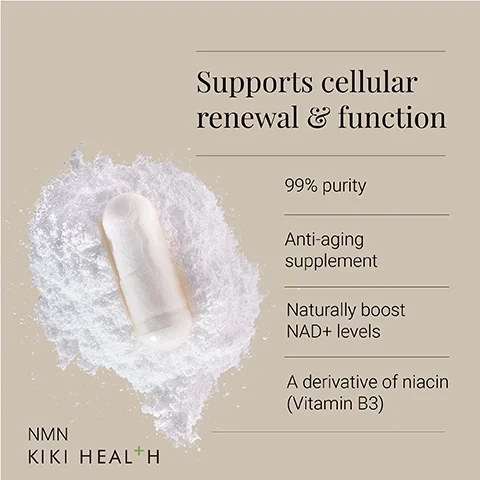 A clear capsule is placed on a mound of white powder against a beige background, with text that reads supports cellular renewal & function, 99% purity, anti-aging supplement, naturally boost NAD+ levels, and a derivative of niacin (Vitamin B3).