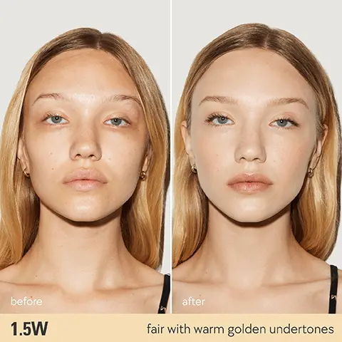 before. after. 1.5W fair with warm golden undertones. Power Plush Longwear Foundation. find your undertone. N, skin, a balance of both warm & cool, jewelry, you look best with both silver & gold jewelry. W, skin, on the yellow peach & golden side, jewelry, you look best with gold jewelry. WN, skin, slightly on the golden side but not too warm & not too cool, jewelry, you can wear silver & gold but you look best with gold jewelry. C, skin, on the pink red & blue side, jewelry, you look best with silver jewelry. Blur + smooth. Airbrushed, satin finish. Medium, buildable coverage. Up to 12 hours of comfortable wear. Hydrating & weightless. Doesn't clog pores or settle into fine lines. Sweat, humidity, & waterproof. 100% say it's easily buildable without looking or feeling cakey on the skin. 100% say it blurs and smooths the appearance of pores, fine lines and texture. 100% say it leaves a skin-breathable airbrushed satin finish. Use test under dermatological and opthalmological control conducted with 22 women between 18 and 40 years. Product use for 4 weeks. Buildable, comfortable coverage. Power Plush Longwear Foundation. Dark circles. Blemishes. Redness & pores. Dark spots. Skin texture & fine lines. Formulated with niacinamide, centella asiatica, vitamin E.
