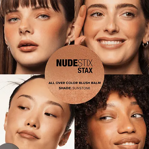 Nudestix stax all over color blush balm. Shade sunstone. Multi-stacking & multi-tasking minimalist makeup. Shade sunstone. Makeup meets skincare hydrate & blur. Green Tea, anti-aging & antioxidant. Rosehip Oil, moisturizing & anti-aging. Vitamin E moisturizing & natural antioxidant. Safflower Oil anti-aging & skin softening. Cloud cushion soft matte dream cream. Blush balm. Blend onto cheeks, lips & eyes and bounce for easy, soft cloud color. Blush balm in 3 ways. Cheeks, Eyes, Lips All over face color. Magnetic snap closure, snap to stack your shades, inner mirror to-go. SnapStaxGo. Picante Nude in collaboration with AllanaRamaa.