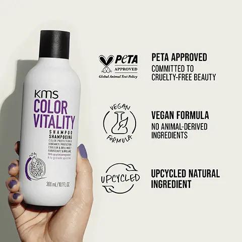 PETA APPROVED COMMITTED TO CRUELTY-FREE BEAUTY. VEGAN FORMULA NO ANIMAL-DERIVED INGREDIENTS. UPCYCLED NATURAL INGREDIENT. MAINTAINS COLOR VIBRANCY FOR UP TO 20 WASHES. EASIER DETANGLING UP TO 3X. INCREASES SHINE. In combination with ColorVitality Treatment. HIGHLY EFFECTIVE OUR FORMULAS WITH UPCYCLED POMEGRANATE, KNOWN TO BE RICH IN ANTIOXIDANTS, HELP TO FIGHT FREE RADICALS RESPONSIBLE FOR COLOR FADING. BEFORE. NOW. NEW IMPROVED FORMULA. UPCYCLED POMEGRANATE. UPCYCLED NATURAL INGREDIENT. POMEGRANATE. BEFORE. AFTER. ENDLESS POSSIBILITIES FOR YOUR HAIR. WEAR YOUR HAIR THE WAY YOU WANT.