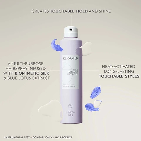 Image 1 - A lavender hairspray bottle labeled KERASILK with text stating A multi-purpose hairspray infused with biomimetic silk & blue lotus extract and Creates touchable hold and shine alongside Heat-activated long-lasting touchable styles.
Image 2 - An image of a cylindrical bottle of KERASTASE hair spray with visible text detailing its performance benefits, including humidity and frizz protection for up to 72 hours, multi-purpose use as a fixing or working spray, heat-activated styling, and heat protection up to 230°C/446°F.
Image 3 - Two spray bottles of KERASILK multi-purpose hairspray are displayed against a light purple background; visible text includes Vegan Formula, PETA Approved, Free From Formula Created With >94% Natural Ingredients, ClimatePartner certified product, and the product labels Fixed. Versatile. Protected.