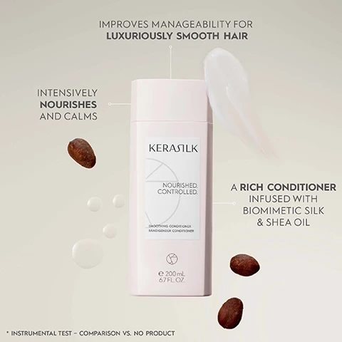 Image 1 - A bottle of KERASTASE smoothing conditioner is displayed with text indicating it is a rich conditioner infused with biomimetic silk and shea oil, along with statements about improving manageability for luxuriously smooth hair and that it intensively nourishes and calms, with almonds depicted at the bottom.
Image 2 - A bottle of Kerasilk Smoothing Conditioner with water droplets on it is displayed against a textured brown background, and the visible text includes PERFORMANCE BENEFITS, LEAVES HAIR SOFT AND SMOOTH FROM ROOTS TO TIPS, TAMES UNRULY HAIR STRANDS, FIGHTS AGAINST FRIZZ, and DEEPLY CONDITIONS FOR EASIER DETANGLING.
Image 3 - Three bottles of KERASILK Nourished Controlled Smoothing Conditioner are displayed on a pink background, with visible text indicating VEGAN FORMULA NO ANIMAL DERIVED INGREDIENTS, PETA APPROVED VEGAN GLOBAL ANIMAL TESTING POLICY, FREE FROM FORMULA CREATED WITH 94% NATURAL INGREDIENTS, and ClimatePartner certified product climate-id.com/ER8IQD CO2 measure reduce contribute.