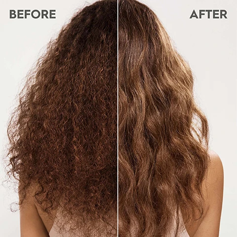 Image 1 - Image shows a side-by-side comparison of hair, with the left side displaying frizzy and curly hair labeled BEFORE and the right side showing smooth, wavy hair labeled AFTER.
Image 2 - A flat lay image shows several brown shea nuts and pieces of their shells scattered on a light gray surface, with a round droplet of oil and the text SHEA OIL and a brief description of its benefits laid across the image.
Image 3 - An overview of Kerasilk Essentials Smoothing Shampoo including benefits like nourishing hair, taming frizz, improving manageability, removing buildup, and neutralizing hard water along with notes on gentle scalp care.
Image 4 - Image shows a comparison of hair on a woman, with the left side labeled BEFORE displaying frizzy hair and the right side labeled AFTER showing sleek, shiny hair.
Image 5 - Image shows three KERASTASE hair care products: a pink bottle labeled Smoothing Conditioner with text Nourished. Controlled.; a blue jar labeled Smoothing Mask with text Soft. Nourished. Luxurious.; and a blue bottle labeled Taming Balm with text Smooth. Soft. Amazing., with a heading saying FIND YOUR KERASILK HAIR ACTION PLAN.
Image 6 - Image features a pink background with white text stating CLIMATE CONSCIOUS INSIDE OUT, followed by bullet points that explain the product is climate neutral, CO2 compensated, vegan, and free from silicones, sulfates, dyes, microplastics, and mineral oils.