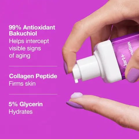 99% Antioxidant Bakuchiol Helps intercept visible signs of aging. Collagen Peptide Firms skin. 5% Glycerin Hydrates. Before. After 8 weeks. 7 Helps target early signs of aging. Reduce look of lines, smooth, even skin tone, boost skin radiance.