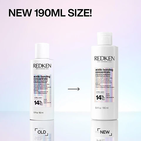 Image 1 - A comparison image showing two sizes of Redkens Acidic Bonding Concentrate hair treatment, with the left bottle labeled as OLD (150ml) and the right bottle labeled as NEW (190ml), featuring the text NEW 190ML SIZE! at the top.
Image 2 - A white bottle of Redkens Acidic Bonding Concentrate with a black label, showcasing the products benefits, including 14X smoother hair, 2X stronger hair, and that it works in 5 minutes, with visible text and fluid cream background.
Image 3 - Image shows two side-by-side comparisons of hair; the left side labeled BEFORE features wavy, undefined blonde hair, while the right side labeled AFTER ONE USE* displays sleek, straight, and shiny blonde hair.
Image 4 - A split image shows the back of a persons head with curly hair, the left side labeled BEFORE displaying frizzy hair, and the right side labeled AFTER ONE USE* showing smoother, defined curls; visible text at the bottom reads *SYSTEM OF ACIDIC BONDING CONCENTRATE INTENSIVE TREATMENT, SHAMPOO, CONDITIONER, & LEAVE-IN VS. UNDAMAGED HAIR.
Image 5 - A close-up image of a bottle of Redken Acidic Bonding Concentrate with a small amount of product oozing from the top, featuring five black stars above and text stating BEST IVE EVER USED AND IM A HAIRDRESSER, followed by a note about the product being received from Marie Claire Beauty Drawer, Aug 2022.
Image 6 - A hand is holding a bottle of hair treatment while dispensing a white cream into the palm, with text on the image that reads PRE-SHAMPOO TREATMENT, APPLY ON DAMP HAIR, and KEEP ON FOR 5-10 MINS & RINSE. THEN, SHAMPOO.
Image 7 - Image features a creamy white substance with bubbles and a smooth texture, along with bold text stating CITRIC ACID + BONDING CARE COMPLEX HELPS REPAIR BONDS + PREVENT FUTURE DAMAGE.
Image 8 - A collage showcasing a pre-shampoo treatment process, featuring a hand applying product to damp hair, a close-up of hair being twisted, and a model holding a container of Redken product with instructions on how to use it, including the text PRE-SHAMPOO TREATMENT, APPLY ON DAMP HAIR BEFORE SHAMPOOING, WAIT 5-10 MINUTES. RINSE, THEN LATHER & APPLY SHAMPOO, RINSE. FOLLOW WITH CONDITIONER, RINSE, and ROTATE 5-MIN MASK WEEKLY.