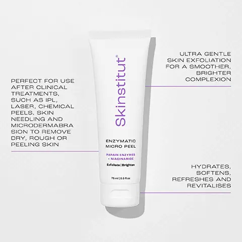 PERFECT FOR USE AFTER CLINICAL TREATMENTS, SUCH AS IPL, LASER, CHEMICAL PEELS, SKIN NEEDLING AND MICRODERMABRASION TO REMOVE DRY, ROUGH OR PEELING SKIN. ULTRA GENTLE SKIN EXFOLIATION FOR A SMOOTHER, COMPLEXION. HYDRATES, SOFTENS, REVITALISES. Ingredients, Niacinamide Vitamin B3, improves the skin's natural barrier function, reducing redness and irritation. Hyaluronic Acid, A chemical ingredient that stimulates hydration by drawing and retaining moisture in the skin. Papain Enzymes, super-gentle yet effective Papain Enzymes perform thorough exfoliation to clean pores, brighten and soften skin. Enzymatic Micro Peel. SKINTEL great for flaky brows and gentle enough to use as a targeted treatment over the eyelids.