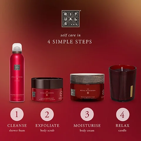 self care in 4 simple steps. 1, cleanse shower foam. 2, exfoliate body scrub. 3, moisturise body cream. 4, relax candle.