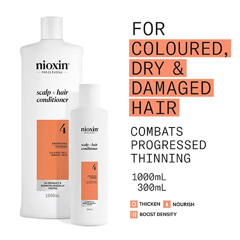 Image 2 - Two white Nioxin Pro Clinical Scalp + Hair Conditioner bottles are shown, a 1000mL and a 300mL size, both labeled with number 4, for progressed thinning, coloured/dry/damaged hair, and clinically & dermatologically tested; alongside them is text that reads FOR COLOURED, DRY & DAMAGED HAIR, COMBATS PROGRESSED THINNING, 1000mL, 300mL, THICKEN, NOURISH, BOOST DENSITY. Image 3 - The image displays three white Nioxin hair product bottles, a scalp + hair treatment, a scalp + hair shampoo, and a scalp + hair conditioner, from System Kit 4, against a peach background, with prominent text that reads Use System Kit 4 to see RESULTS IN JUST 30 DAYS*, and the bottles are labeled Nioxin PRO-CLINICAL scalp + hair treatment, Nioxin PRO-CLINICAL scalp + hair shampoo 4 PROGRESSED THINNING COLOR-TREATED HAIR, and Nioxin PRO-CLINICAL scalp + hair conditioner 4 PROGRESSED THINNING COLOR-TREATED HAIR, followed by a disclaimer stating *Results with everyday use. Based on a survey among 230 U.S. panelists concerned about thinning hair who tried the systems (each tested 1 system kit), conducted by SIRS, 2016. Image 4 - A woman with curly brown hair and glowing skin is shown in profile looking right, with text on the left stating: FOR THICKER, FULLER HAIR, BOOSTS HAIR DENSITY & NOURISHES FOR PROGRESSED THINNING, LEAVES HAIR THICKER, FULLER WHILE MAINTAINING VIBRANT COLOUR, FORMULATED WITH POWERFUL NIACINAMIDE & BIOTIN, CLINICALLY & DERMATOLOGICALLY TESTED. Image 5 - The image displays a hand holding a white Nioxin Pro Clinical Scalp + Hair Conditioner bottle, 1000ML, with an orange label indicating it is for PROGRESSED THINNING, COLOURED/DRY/DAMAGED HAIR and is CLINICALLY & DERMATOLOGICALLY TESTED, alongside a peach panel detailing HOW TO USE scalp + hair shampoo with instructions: 1 Massage Cleanser Shampoo into hair and scalp, and 2 Rinse thoroughly. Image 6 - The image shows two sections, each depicting abstract green liquid drops on a light background next to text on a peach-orange background; the top section reads Mentha Arvensis Leaf Oil, Also known as wild mint oil, this oil is known for its refreshing and invigorating benefits to the scalp, and the bottom section reads Peppermint Oil, Can assist in regulating sebum production and controlling oiliness. Image 7 - A close-up of white creamy conditioner with text reading NIOXIN SCALP & HAIR CONDITIONER result: Restores moisture and resilience, as it promotes vitality and health to the scalp and hair. Image 8 - A peach-colored background displays black text that reads Nioxin Pro Clinical, Nioxin Grows Results, and Only Nioxin’s Advanced Scalp Science Can Support Stronger Hair From the Root for Results You Can See and Feel. Image 9 - The image shows two white Nioxin conditioner bottles side-by-side with the text NEW LOOK same great formula at the top; the bottle on the left, labeled Old, displays Nioxin 4 Color Safe Scalp Therapy Revitalizing Conditioner Step 2 Colored Hair Progressed Thinning 1L, while the bottle on the right, labeled New, displays Nioxin PRO CLINICAL scalp + hair conditioner 4 PROGRESSED THINNING COLOURED / DRY / DAMAGED HAIR CLINICALLY & DERMATOLOGICALLY TESTED 1000mL.