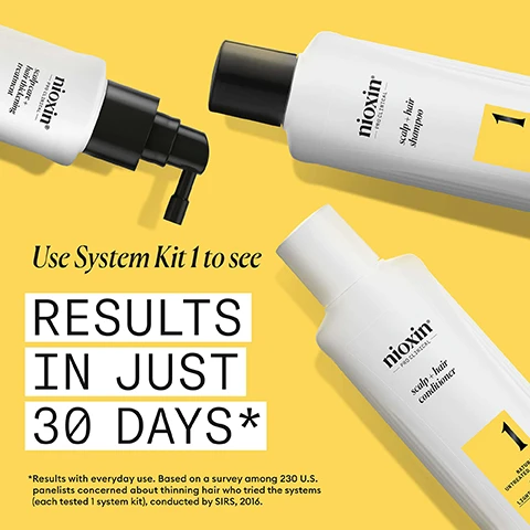 Image 2 - Three Nioxin hair care bottles, including a scalp + hair thickening treatment, scalp + hair shampoo, and scalp + hair conditioner, are arranged on a yellow background alongside text that reads Use System Kit 1 to see RESULTS IN JUST 30 DAYS* with fine print *Results with everyday use. Based on a survey among 230 U.S. panelists concerned about thinning hair who tried the systems (each tested 1 system kit), conducted by SIRS, 2016. Image 3 - A profile shot of a man with thick, dark curly hair smiling slightly, next to text that reads: FOR THICKER, FULLER HAIR THICKENS & STRENGTHENS LIGHT THINNING HAIR HYDRATES SCALP AND HAIR FROM ROOT TO TIP FORMULATED WITH POWERFUL NIACINAMIDE & BIOTIN CLINICALLY & DERMATOLOGICALLY TESTED. Image 4 - A persons hand holds a white Nioxin shampoo bottle under splashing water, next to a yellow instruction panel; visible text on the bottle reads Nioxin PRO CLINICAL scalp + hair shampoo, System 1 for NATURAL/ UNTREATED HAIR TARGETS LIGHT THINNING, CLINICALLY & DERMATOLOGICALLY TESTED, 300mL | 10.1FL.OZ, and text on the panel reads HOW TO USE scalp + hair shampoo, 1 Massage Cleanser Shampoo into hair and scalp, 2 Rinse thoroughly. Image 5 - An image illustrating three ingredients and their benefits: the top section shows light green liquid with bubbles next to text Mentha Arvensis Leaf Oil, also known as wild mint oil, this oil is known for its refreshing and invigorating benefits to the scalp; the middle section shows muted green liquid with bubbles next to text Peppermint Oil, can assist in regulating sebum production and controlling oiliness; and the bottom section shows clear liquid with bubbles next to text Salicylic Acid, helps to remove dead skin cells, excess oil and product buildup from the scalp, promoting a balanced environment. Image 6 - A light blue-green liquid with bubbles and streaks on a white background, with text that reads NIOXIN SCALP & HAIR SHAMPOO result: Helps remove dirt, excessive oil and other environmental residues from scalp and hair. Image 7 - The image shows a comparison of two white Nioxin shampoo bottles under the text NEW LOOK same great formula; the old bottle on the left, labeled Old, has text NIOXIN, CLEANSER SHAMPOO, STEP 1, NATURAL HAIR, LIGHT THINNING, 300 mL; the new bottle on the right, labeled New, has text nioxin, PRO CLINICAL, scalp + hair shampoo, 1, NATURAL/UNTREATED HAIR, TARGETS LIGHT THINNING, CLINICALLY & DERMATOLOGICALLY TESTED, 300mL | 10.1FL.OZ. Image 8 - A yellow background with black text that reads Nioxin PRO CLINICAL, NIOXIN GROWS RESULTS™, and Only Nioxin’s Advanced Scalp Science Can Support Stronger Hair From the Root for Results You Can See and Feel.