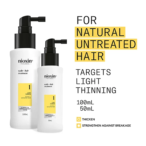 Image 2 - Two white Nioxin Pro Clinical scalp and hair treatment bottles with black pumps, one 100mL and one 50mL, feature labels that read Nioxin PRO CLINICAL scalp + hair treatment 1 LIGHT THINNING NATURAL / UNTREATED HAIR CLINICALLY & DERMATOLOGICALLY TESTED, with additional product information displayed alongside reading FOR NATURAL UNTREATED HAIR TARGETS LIGHT THINNING 100mL 50mL THICKEN STRENGTHEN AGAINST BREAKAGE. Image 3 - Three Nioxin hair product bottles, including scalp + hair treatment, scalp + hair shampoo, and scalp + hair conditioner, are displayed on a yellow background with the text Use System Kit 1 to see RESULTS IN JUST 30 DAYS* followed by the disclaimer *Results with everyday use. Based on a survey among 230 U.S. panelists concerned about thinning hair who tried the systems (each tested 1 system kit), conducted by SIRS, 2016. Image 4 - A smiling man with thick dark curly hair is shown in profile next to four white rectangular text boxes on a light gray background with the text: FOR THICKER, FULLER HAIR, THICKENS & STRENGTHENS LIGHT THINNING HAIR, HYDRATES SCALP AND HAIR FROM ROOT TO TIP, FORMULATED WITH POWERFUL NIACINAMIDE & BIOTIN, CLINICALLY & DERMATOLOGICALLY TESTED. Image 5 - A hand holds a white Nioxin Pro Clinical scalp and hair treatment pump bottle with water splashing, alongside a yellow panel detailing HOW TO USE scalp care + hair thickening treatment with steps: 1 Shake the Scalp & Hair Treatment to activate it, 2 Apply to scalp and work through hair from roots to ends, 3 Do not rinse; the bottle itself has text Nioxin PRO CLINICAL scalp + hair treatment, 1 LIGHT THINNING NATURAL / UNTREATED HAIR, CLINICALLY & DERMATOLOGICALLY TESTED. Image 6 - The image displays three panels: the top panel shows coffee beans next to text that reads CAFFEINE Supports hair follicles and maintains the skin barrier; the middle panel shows green liquid with bubbles next to text that reads MENTHA ARVENSIS LEAF OIL Also known as wild mint oil, this oil is known for its refreshing and invigorating benefits to the scalp; the bottom panel shows light blue liquid with bubbles next to text that reads NIACINAMIDE A form of vitamin B3, Niacinamide helps nourish the hair root and can have a positive impact on the scalp environment. Image 7 - A close-up of a glossy, translucent white surface with a prominent highlight and a small circular reflection, displaying the text NIOXIN SCALP CARE & HAIR THICKENING TREATMENT result: Provide thicker-looking hair by increasing the fullness of each hair strand, and strengthening against damage and breakage. Image 8 - A yellow background with black text reading: nioxin PRO CLINICAL NIOXIN GROWS RESULTS™ Only Nioxin’s Advanced Scalp Science Can Support Stronger Hair From the Root for Results You Can See and Feel. Image 9 - The image displays two Nioxin hair treatment bottles, an old version and a new version, both white with black pump tops, illustrating NEW LOOK same great formula; the old bottle is labeled Nioxin Scalp & Hair Treatment Step 3 Natural Hair Light Thinning 100mL Old, and the new bottle is labeled nioxin PRO CLINICAL scalp + hair treatment 1 Light Thinning Natural / Untreated Hair Clinically & Dermatologically Tested 100mL New.