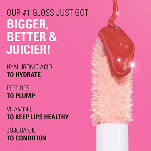 Image 1 - Image shows a close-up of a lip gloss applicator with a glossy, reddish-brown product being dripped from it, on a bright pink background; visible text includes: OUR #1 GLOSS JUST GOT BIGGER, BETTER & JUICIER! HYALURONIC ACID TO HYDRATE, PEPTIDES TO PLUMP, VITAMIN E TO KEEP LIPS HEALTHY, JOJOBA OIL TO CONDITION.
Image 2 - A clear bottle of lip gloss with a shiny cap is displayed against a light background, accompanied by bold pink text that reads PLUMP IT UP, and three bulleted benefits: PLUMPING GLOSS, SOFT TINGLE EFFECT, and SWEET VANILLA FLAVOUR.
Image 3 - Image features two lip gloss products titled Pout Bomb against a light pink background, with text stating YOU ASKED, WE LISTENED... and highlights including NEW! SWEET VANILLA AROMA, MORE LIP-LOVING INGREDIENTS, and NEW LOOK & FEEL.
Image 4 - Image showing a split view of two lips: the left side is bare and the right side is glossed with a pink lip product, accompanied by text that states 81% agreed that their lips looked visibly plumped, with a note about reviews gathered from 59 users in a blind trial, 2024.