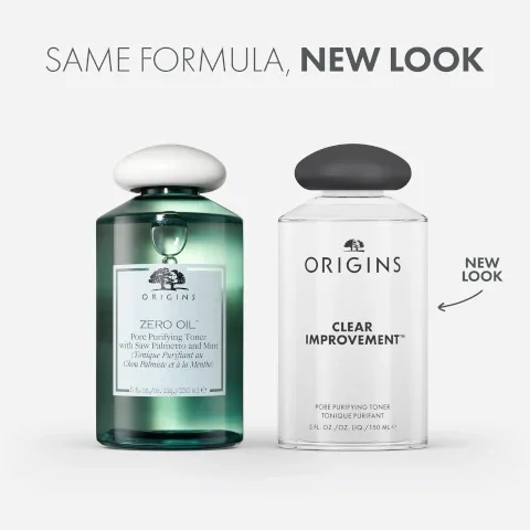 The image displays two Origins Pore Purifying Toner bottles side-by-side, showcasing a product rebrand with the text Same Formula, New Look: the older green bottle with a white cap is labeled ORIGINS ZERO OIL Pore Purifying Toner with Saw Palmetto and Mint (Tonique Purifiant au Chou Palmist et à la Menthe) 5 fl. oz./oz. liq./150 ml e, while the newer clear bottle with a dark grey cap is labeled ORIGINS CLEAR IMPROVEMENT Pore Purifying Toner Tonique Purifiant 5 FL. OZ./OZ. LIQ. / 150 MLE, with an arrow pointing to it and the text New Look.