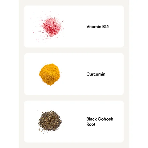 Image 1 - Image shows three different powders arranged vertically on a light background; the first powder is pink and labeled Vitamin B12, the second is yellow and labeled Curcumin, and the third is a brownish powder labeled Black Cohosh Root.