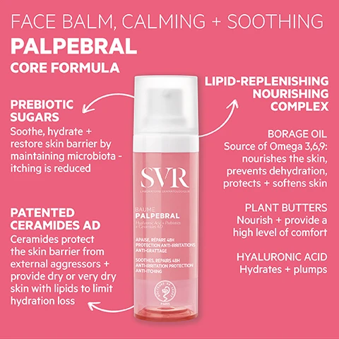Image 1 - A pink skincare bottle labeled Palpebral by SVR with descriptions of its benefits, including soothing, hydrating, and protecting ingredients like prebiotic sugars, ceramides, borage oil, plant butters, and hyaluronic acid.
Image 2 - A person’s hand is holding a bottle of skincare product labeled SYR, with a pump dispensing a thick cream onto another hand; visible text includes how to use the product and application instructions.
Image 3 - Image shows a product called SVR Baume Palpebral in a bottle with a pump, highlighted with text about its proven efficacy, volunteer testimonials, and formulas for sensitive skin, stating it is 100% dermatologically tested, contains 97% ingredients of natural origin, has a comforting balm texture, and emphasizes eco-responsibility with recyclable packaging.
Image 4 - A hand holding four skincare products, including an eye makeup remover, face balm, mascara, and eye cream, with labels indicating PALPEBRAL and For ultra sensitive skin.