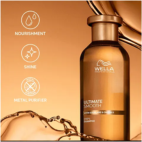 Image 1 - A bottle of Wella Professionals Ultimate Smooth shampoo is displayed against a gold background, with icons for nourishment, shine, and metal purifier, along with the text: ULTIMATE SMOOTH WITH SQUALANE & OMEGA-9 STEP 1 SHAMPOO.
Image 2 - Image shows a close-up of layered textures depicting hair strands, with text stating: PATENTED TECHNOLOGY WITH SQUALANE & OMEGA 9, OUTSIDE Creates a protective barrier, INSIDE It deeply nourishes the hair.
Image 3 - Image shows four hair care products from Wella arranged vertically on a gradient background, labeled with steps: 01. CLEAN, 02. CONDITION, and 03. TREAT, along with the title ULTIMATE SMOOTH and the phrase ROUTINE TO FIGHT FRIZZY, DRY & DULL HAIR.
Image 4 - Image shows a collection of Wella hair products including shampoo, a serum, and a cream, with a gold liquid background; visible text includes UP TO 85% SMOOTHER HAIR1, 96 HOURS FRIZZ CONTROL2, and SILKY SHINE.
Image 5 - A glossy, circular drop of white shampoo is shown against a light gray background, with the text Ultimate Smooth Shampoo and Lathers Into A Luxe Foam positioned to the left and bottom of the image.
Image 6 - A bottle of Wella Ultimate Smooth hair product is lying on its side with a few drops of liquid beside it, featuring text that reads Dermatologically Tested, Suitable for Coloured Hair, and UV and Heat Protection.