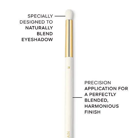 Image 1 - A makeup brush with a white handle and a gold ferrule, designed for blending eyeshadow, accompanied by text that reads SPECIALLY DESIGNED TO NATURALLY BLEND EYESHADOW and PRECISION APPLICATION FOR A PERFECTLY BLENDED, HARMONIOUS FINISH.
Image 2 - Two makeup brushes are displayed side by side: the top brush has a white handle and gold detailing with the number 23, and the bottom brush also has a white handle and gold detailing with the number 21, with text stating A TIP DESIGNED TO INTENSIFY EYESHADOW WITH A PRECISE, LIGHT TOUCH and A TIP DESIGNED TO BLEND EYESHADOW WITH A PRECISE, LIGHT TOUCH.
Image 3 - Image shows a selection of makeup brushes arranged in two rows with labels for each brush including their names and numbers, with FACE at the top followed by brushes labeled Fluid & Powder Foundation Brush, Fluid Foundation Brush, Powder Brush, Blush & Highlighter Brush, and EYES at the bottom followed by brushes labeled Eyeshadow Blending Brush and Eyeshadow Shading Brush.