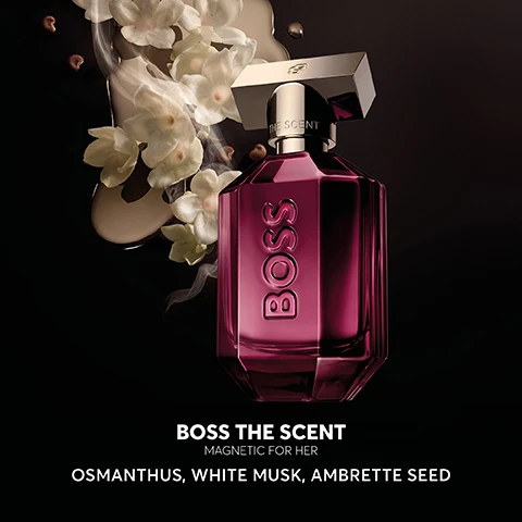 Image 2 - A stylish purple perfume bottle labeled BOSS with delicate white flowers and liquid swirling in the background, featuring the text BOSS THE SCENT MAGNETIC FOR HER OSMANTHUS, WHITE MUSK, AMBRETTE SEED.
Image 3 - A purple perfume bottle with a gold cap labeled BOSS is displayed against a dark background, accompanied by text that reads Perfect for date night and lasts all night. I have received so many compliments whilst wearing this and I would highly recommend - Annie, Home Tester Club along with five star ratings.
Image 4 - The image shows four distinct perfume bottles from the BOSS fragrance line on a reflective surface, with the text BOSS THE SCENT above and the names Eau de Parfum, Magnetic Eau de Parfum, Parfum, and Elixir displayed below each bottle along with their scent descriptions and intensity levels.
Image 5 - An illuminated display features two perfume bottles side by side, one pink with a gold cap labeled BOSS and the other black with the label BOSS, above the text BOSS THE SCENT MAGNETIC.