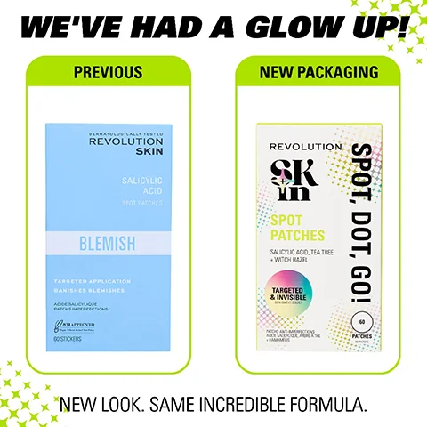 Image 1 - A comparison image showing two packages for skin spot patches, with the left labeled previous featuring a light blue design and the right labeled new packaging showing a colorful design, with text stating weve had a glow up, previous, new packaging, and new look, same incredible formula.
