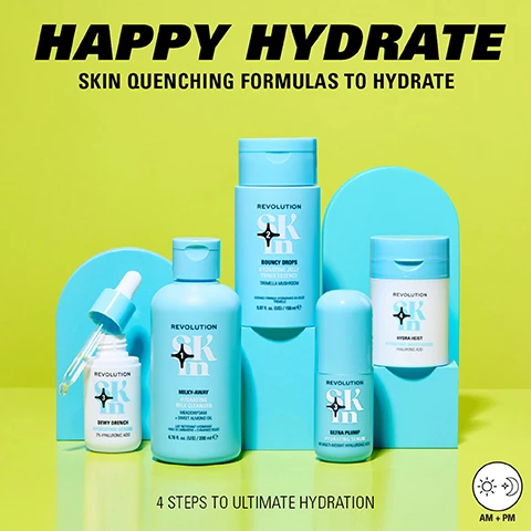 Image 1 - A colorful display of skincare products against a bright green background, with visible text that reads Happy Hydrate, Skin quenching formulas to hydrate, and 4 steps to ultimate hydration, featuring products like Dewy Drench, Bouncy Drops, Milky-Away, Ultra Pump, and Hydra Mist.
Image 2 - A turquoise bottle labeled Milky Away Hydrating Cleanser from Revolution Skin is displayed, highlighting features such as Nourishing milk-to-oil cleanser, Melts away makeup, and Boosts hydration for silky soft skin, alongside icons indicating it Dissolves makeup and Gently cleanses.
Image 3 - A turquoise bottle labeled Bouncy Drops Hydrating Jelly Toner Essence rests on a bright turquoise background, and text beside the bottle describes its refreshing jelly-like texture, how it quenches, plumps, and tones skin, and includes icons stating it plumps and softens, is clinically proven for 12-hour hydration, and is clinically proven to instantly hydrate.
Image 4 - A turquoise bottle of hydrating serum labeled Ultra Plump sits center with text stating Supercharged formula and Delivers multi-level hydration, alongside icons indicating Clinically proven 48h hydration, 4x Multi-weight hyaluronic acid, and Clinically proven to instantly hydrate.
Image 5 - A moisturizer bottle with a light blue cap and white body, labeled HYDRA HEIST HYDRATING MOISTURISER with text indicating its features: Skin-quenching & ultra-hydrating, Lightweight, cooling moisturiser, Delivers instant hydration, and icons stating CLINICALLY PROVEN TO INSTANTLY HYDRATE and PLUMPING.
Image 6 - Four colorful product displays for skincare lines: Be Bright with orange containers and the text 4 STEPS TO BRIGHTER SKIN, Happy Hydrate with blue containers and the text 4 STEPS TO ULTIMATE HYDRATION, Clearly Clarify with green containers and the text 4 STEPS TO CLEARER SKIN, and Go Gentle with pink containers and the text 4 STEPS TO BARRIER SUPPORT.
