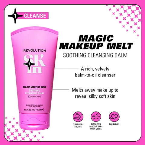 Image 1 - A bright pink tube of cleansing balm labeled Magic Make Up Melt Soothing Cleansing Balm with descriptions of its benefits, including A rich, velvety balm-to-oil cleanser and Melts away makeup to reveal silky soft skin, accompanied by icons indicating it cleanses, soothes, dissolves makeup, and nourishes.
Image 2 - A pink toner bottle labeled GLAZE DAZE SOOTHING MILKY TONER ESSENCE with descriptions about its hydrating properties and benefits for the skin, alongside icons indicating it soothes and hydrates.
Image 3 - A pink bottle of serum labeled Revolution SKIN MUST BE MUCIN SOOTHING SERUM, with descriptions stating it is a wonder serum for dewy, bouncy, and plump skin, and a vegan alternative to snail mucin, alongside icons indicating it plumps skin, provides clinically proven 48-hour hydration, and soothes.
Image 4 - Image of a skincare product titled Plump-Tide Soothing Moisturiser in a white and pink container, with bullet points highlighting that it is a calming moisturiser formulated to soothe skin and support the barrier, leaving skin happy and hydrated, along with icons indicating it plumps skin, provides clinically proven 12-hour hydration, and supports the skin barrier.
Image 5 - Image of five skincare products arranged on a bright green background, featuring pink packaging with labels, and visible text that reads GO GENTLE SOOTHING FORMULAS FOR BARRIER SUPPORT, CLINICALLY TESTED FOR SENSITIVE SKIN, 4 STEPS TO BARRIER SUPPORT, and AM + PM.
Image 6 - Four groups of skincare products are displayed in a grid format on a bright green background, with captions for each group at the top: Be Bright with orange containers and the text 4 STEPS TO BRIGHTER SKIN, Happy Hydrate with blue containers and the text 4 STEPS TO ULTIMATE HYDRATION, Clearly Clarify with green containers and the text 4 STEPS TO CLEARER SKIN, and Go Gentle with pink containers and the text 4 STEPS TO BARRIER SUPPORT.
