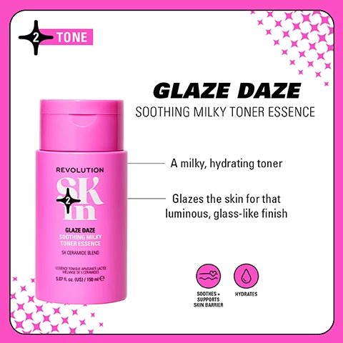Image 1 - Image of a pink bottle of toner labeled GLAZE DAZE SOOTHING MILKY TONER ESSENCE with descriptions stating it is a milky, hydrating toner that glazes the skin for a luminous, glass-like finish, and icons stating it soothes and hydrates.
Image 2 - The image features a collection of pink skincare products displayed on a bright green background, labeled with GO GENTLE SOOTHING FORMULAS FOR BARRIER SUPPORT and includes visible product names such as Bouncy Barrier, Magic Make Up Melt, Glaze Daze, Must Be Munchin, and Plump Tide, with the text 4 STEPS TO BARRIER SUPPORT and icons for AM and PM usage, also noting CLINICALLY TESTED FOR SENSITIVE SKIN.
Image 3 - Four sets of skincare products are displayed on a bright green background, each labeled with a category: Be Bright, Happy Hydrate, Clearly Clarify, and Go Gentle, with accompanying descriptions for each category that highlight benefits such as brighter skin, hydration, blemish control, and barrier support, along with visible product names and instructions.