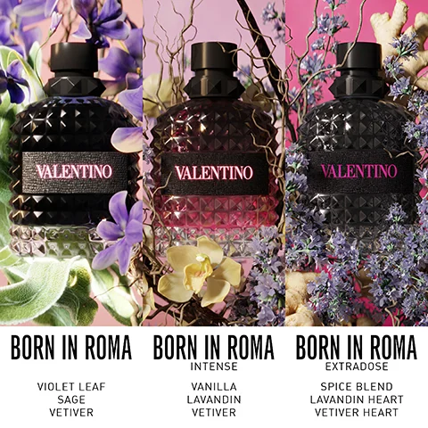 Image 1 - Three perfume bottles from Valentino are arranged side by side, each with different floral backgrounds: the left bottle is labeled Born in Roma with visible text listing Violet Leaf, Sage, and Vetiver, the center bottle is labeled Born in Roma Intense with text for Vanilla, Lavandin, and Vetiver, and the right bottle is labeled Born in Roma Extradose with text for Spice Blend, Lavandin Heart, and Vetiver Heart.