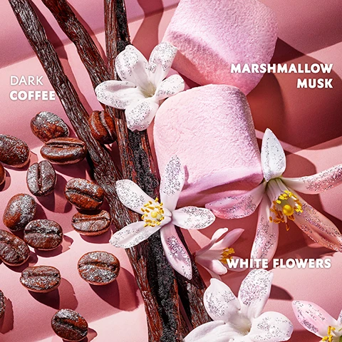 Image 1 - An arrangement of dark coffee beans, vanilla pods, and pink marshmallows surrounded by white flowers on a pink background, with the text DARK COFFEE, MARSHMALLOW MUSK, and WHITE FLOWERS prominently displayed.
Image 2 - Four perfume bottles are displayed against a black background, labeled from left to right: BLACK OPIUM OVER RED labeled Juicy, BLACK OPIUM GLITTER labeled Yummy, BLACK OPIUM labeled Thrilling, and LE PARFUM HOT labeled Hot, with descriptions beneath each bottle.