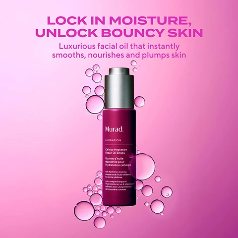 Image 1 - A bottle of Murad Cellular Hydration Repair Oil Drops against a soft pink background, surrounded by bubbles, with the text Lock in moisture, unlock bouncy skin and Luxurious facial oil that instantly smooths, nourishes and plumps skin.
Image 2 - Side-by-side comparison of a womans face showing skin improvement; on the left labeled BEFORE with redness and blemishes, and on the right labeled AFTER 1 WEEK* with improved clarity and radiance, featuring a purple product bottle labeled Murad in the bottom right, with the text EVEN SKIN TONE + RESTORE RADIANCE* and a disclaimer about consumer perception after two weeks.
Image 3 - A side-by-side comparison image showing a womans face, labeled BEFORE on the left and AFTER 1 WEEK on the right, demonstrating improvement in skin appearance, with a purple bottle of Murad Cellular Hydration at the bottom, accompanied by text stating CLINICALLY PROVEN* INCREASES HYDRATION BY 179%* Consumer perception of 34 participants after 2 weeks. Individual results may vary.
Image 4 - Image depicts a bottle of Murad Cellular Hydration Repair Oil Drops with a dropper, set against a pink background, alongside text that states: CLINICALLY PROVEN INSTANTLY Skin looks plumper, dewy and bouncy* INSTANTLY Skin feels smoother, soothed and nourished* IN 1 WEEK Locks in moisture at the cellular level* IN 2 WEEKS Increases hydration by 172%* *Results based on 34 participants during a 2-week study.
Image 5 - Image features various transparent bubbles of different sizes on a pink background, with text describing the benefits of Jojoba Seed Oil, Bilberry Seed Oil, and Luxe 6-Vitamin Blend (A-F) stating their skin care properties.
Image 6 - A close-up of a womans face with a dropper applying face oil to her cheek, along with text listing four ways to use the oil: 01 Use alone after cleansing, 02 Mix 1-2 drops with your favorite serum or moisturiser, 03 As the last step to lock in your skincare, 04 As a dewy makeup primer.
Image 7 - Image shows two Murad oil drop bottles: the green bottle is labeled Retinol Youth Renewal Oil Drops and the purple bottle is labeled Cellular Hydration Repair Oil Drops, with text describing their benefits: oil drops 101: wrinkles or barrier repair? Retinol + algae oil for new + experienced retinol users firms, smooths + evens tone, and Omegas + 6-vitamin blend restores skin barrier relieves redness + smooths texture.
Image 8 - Image shows the Murad Cellular Hydration Barrier Repair Collection with four skincare products labeled as Mask, Serum, Cream, and Oil Drops, set against a pink background, accompanied by the text CELLULAR HYDRATION BARRIER REPAIR COLLECTION Repairs the skin’s barrier AND locks in hydration at the cellular level to restore health and radiance.
Image 9 - Image of two Murad skincare products: a pump bottle of Cellular Hydration Repair Serum and a dropper bottle of Cellular Hydration Repair Face Oil Drops with the text LOCK IN YOUR ACTIVES WITH OIL DROPS, Concentrated, barrier repairing serum, Non-greasy, fast-absorbing oil, and BETTER TOGETHER along with a derm tip about layering the products.