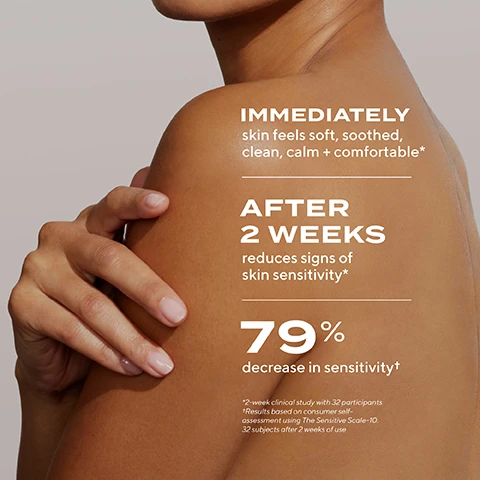 Image 1 - A close-up of a shoulder and arm with visible text stating: IMMEDIATELY skin feels soft, soothed, clean, calm + comfortable, AFTER 2 WEEKS reduces signs of skin sensitivity, 79% decrease in sensitivity.
Image 2 - A hand holding a tube of Murad Hydration Sensitive Skin Soothing Body Cleanser, with text displaying Effective Results + Sensitivity Relief and features listed as Ultra-gentle, Hypo-allergenic, Alcohol-free, Fragrance-free, Non-stripping.