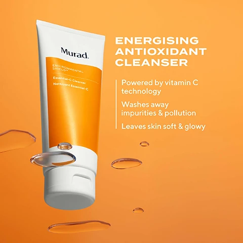 Image 1 - A tube of Murad Energising Antioxidant Cleanser with an orange label is shown against an orange background, accompanied by droplets of liquid, with text that reads Powered by vitamin C technology, Washes away impurities & pollution, and Leaves skin soft & glowy.
Image 2 - A woman with light skin is applying a cleanser to her face, smiling softly against a bright orange background, with visible text that reads Luxurious Energising Vitamin C Cleanser and Brighten Your Skin With Every Cleanse.
Image 3 - An image featuring two glossy liquid drops against an orange background, with labels pointing to each drop that read Sodium PCA, Panthenol, and Vitamin C, accompanied by their descriptions: Attracts water to skin & minimises dryness, Softens & moisturises, and Skin-brightening antioxidant.
Image 4 - Close-up image of two transparent bubbles filled with a clear gel containing small orange particles and droplets, with visible text stating Essential - C Cleanser and GENTLE FOAMING GEL.
Image 5 - Image shows four tubes of Murad skincare cleansers in varying colors with labels indicating their functions: Hydration AHA/BHA Exfoliating Cleanser in purple, Environmental Shield Essential-C Cleanser in orange, Resurgence Renewing Cleansing Cream in green, and Blemish Control Clarifying Cream Cleanser in blue, with the text FIND YOUR CLEANSER above them.
Image 6 - Image shows two tubes of Murad Essential-C Cleanser with bright orange and white packaging, featuring the text NEW LOOK, NEW SIZE, NEW BRIGHTENING FORMULA and NEW inside a circle.