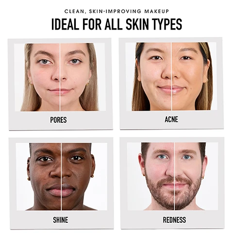 Image 1 - Four side-by-side images of different faces illustrating various skin issues: the top left shows a woman with visible pores, the top right features a woman with acne, the bottom left displays a man with shiny skin, and the bottom right shows a man with redness, with text reading CLEAN, SKIN-IMPROVING MAKEUP IDEAL FOR ALL SKIN TYPES.
Image 2 - An image showing a compact of bareMinerals powder foundation with a round sponge applicator and a brush on the side, with text instructions on using the product for sheer and maximum coverage: USE WET OR DRY, SHEER COVERAGE Use the included sponge or Luxe Performance Brush (not included) and sweep powder across face. MAXIMUM COVERAGE Soak sponge under cool water until it expands (for brush: dip brush head into water). Squeeze excess water out damp. Apply evenly across face.
Image 3 - A chart showing various makeup shades for the BarePRO 16HR All-Over Skin-Perfecting Matte Concealer and 24HR Skin-Perfecting Powder Foundation, with a compact and concealer applicator pictured; the heading reads PAIR YOUR BAREPRO.
Image 4 - Image shows a side-by-side comparison of a womans face before and after makeup application, with visible text labeling the left side as BEFORE and the right side as AFTER, and the shades LIGHT 25 NEUTRAL and UNTRETCHED SKIN displayed above.
Image 5 - A grid showcasing diverse individuals with various skin tones and shades, categorized under cool, neutral, and warm undertones, promoting the BarePRO 24HR Skin-Perfecting Powder Foundation; visible text includes product name and category labels.