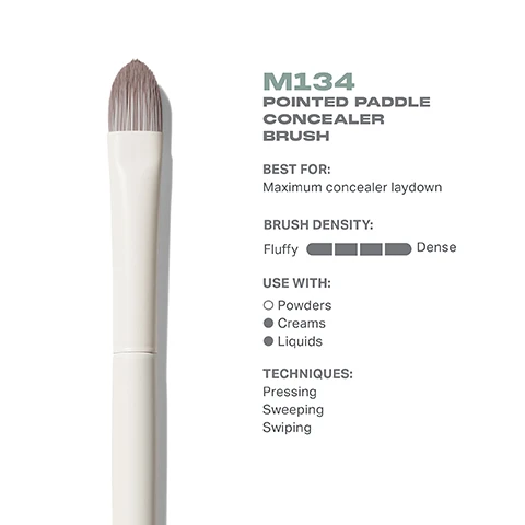 Image 3 - Image of a M134 Pointed Paddle Concealer Brush with a densely packed fluffy bristle head; text includes BEST FOR: Maximum concealer laydown, BRUSH DENSITY: Fluffy █████▉ Dense, USE WITH: Powders, Creams, Liquids, and TECHNIQUES: Pressing, Sweeping, Swiping.
Image 4 - Image shows a Morphe M134 pointed paddle concealer brush displayed from top and side views, with dimensions of 14mm and 164mm labeled next to the brush.
Image 5 - Image of a makeup brush with soft bristles and a sleek handle, accompanied by text that reads BEST-IN-BRUSH BENEFITS, Bristles infused with silver ion technology, known to have antibacterial benefits, Engineered to hold up to your daily routine, Designed with pro-perfecting brush heads.
Image 6 - Image shows four different concealer brushes displayed horizontally, each labeled with its name and a brief description of its function: M131 Rounded Paddle Concealer Brush - Light, buildable concealing; M132 Angled Concealer Brush - Controlled, precision concealing; M133 Domed Concealer Brush - Foolproof, seamless concealing; M134 Pointed Paddle Concealer Brush - Maximum concealer laydown.
Image 8 - Image shows a step-by-step guide on how to take care of a brush, with numbered instructions for cleaning, including wetting bristles, swirling, rinsing, squeezing moisture, and reshaping the brush, and contains a caution note about avoiding hot water.