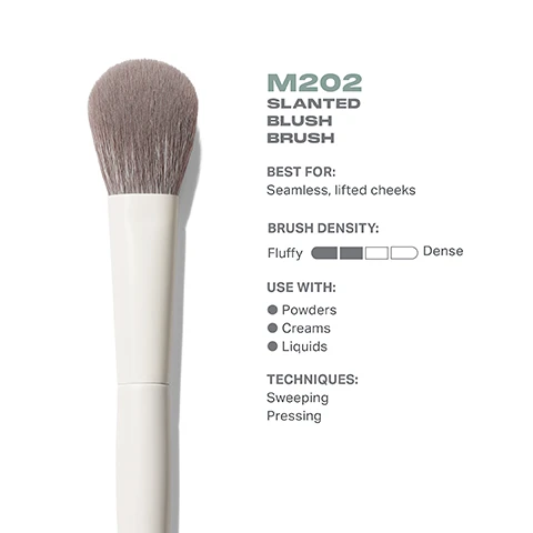 Image 4 - Image of a slanted blush brush with a fluffy bristle head and a white handle, accompanied by text that describes it as M202 Slanted Blush Brush, best for seamless, lifted cheeks, with fluffy brush density, and suitable for use with powders, creams, and liquids, along with suggested techniques of sweeping and pressing.
Image 5 - A close-up of a makeup brush with soft bristles and a light-colored handle, alongside text that reads: BEST-IN-BRUSH BENEFITS Bristles infused with silver ion technology, known to have antibacterial benefits. Engineered to hold up to your daily routine. Designed with pro-perfected brush heads.
Image 6 - Image of a slanted blush brush from the top view, featuring a circular brush head with dense bristles, alongside a side view showing the elongated handle; visible text includes M202 Slanted Blush Brush and measurements of 34mm and 179mm.
Image 7 - Image shows four different blush brushes with white handles, labeled from left to right as M201 Angled Powder Blush Brush, M202 Slanted Blush Brush, M203 Tapered Powder Blush Brush, and M204 Rounded Cream & Liquid Blush Brush, with corresponding descriptions underneath: Soft, flushed cheeks; Seamless, lifted cheeks; Defined, flushed cheeks; Diffused, flushed cheeks.
Image 8 - Image shows a text guide titled HOW TO TAKE CARE OF YOUR BRUSH with numbered steps on maintaining a brush, including wetting bristles, swirling on the palm, rinsing, squeezing out moisture, and reshaping the bristles; cautionary note at the bottom advises against using hot water or submerging the brush.