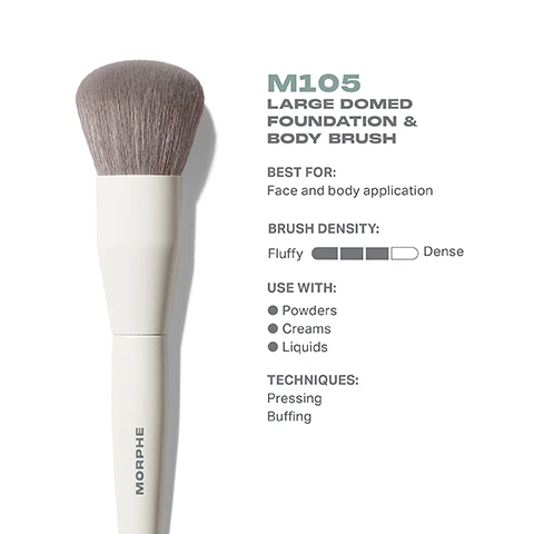Image 1 - Image of a large domed foundation and body brush with gray bristles and a white handle, displaying text: M105 LARGE DOMED FOUNDATION & BODY BRUSH BEST FOR: Face and body application BRUSH DENSITY: Fluffy Use with: Powders, Creams, Liquids TECHNIQUES: Pressing, Buffing
Image 2 - Image shows a large domed foundation and body brush with a soft, rounded brush head, presented in both top and side views alongside measurements indicating the brush head diameter of 35mm and total length of 185mm, with the brand name Morphe visible on the handle.
Image 3 - A makeup brush with a cylindrical white handle and dense, soft bristles sits against a light background, accompanied by text stating BEST-IN-BRUSH BENEFITS, Bristles infused with silver ion technology, known to have antibacterial benefits, Engineered to hold up to your daily routine, and Designed with pro-perfected brush heads.
Image 4 - Image shows a row of six makeup foundation brushes labeled from left to right as M102, M103, M104, M105, M106, and M107, with descriptions including light, buildable coverage, controlled precision coverage, foolproof seamless coverage, face and body application, smooth buffed-out coverage, and targeted concentrated coverage, along with the text FIND YOUR FOUNDATION BRUSH at the top.
Image 5 - An instructional graphic titled HOW TO TAKE CARE OF YOUR BRUSH with five steps for cleaning a brush: 1. Wet bristles with warm water and a gentle cleanser. 2. Swirl bristles on the palm of your hand. 3. Rinse and repeat until water appears clear. 4. Gently squeeze out any excess moisture. 5. Reshape the bristles, then place the brush flat or upside down to air-dry. There is a caution message at the bottom about avoiding hot water and not submerging the brush in water or cleaner.