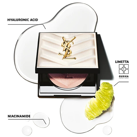 Image 1 - An open makeup compact with a gold YSL logo on a textured cream surface contains a peach-hued powder, surrounded by droplets of clear and white liquid, and a green, spiral-shaped garnish, with labels for hyaluronic acid, niacinamide, and limetta.
Image 2 - A close-up image of textured paint swatches in three shades: a light pink labeled Libertine Light, a muted peach labeled Hypnotic Honey, and a rosy tone labeled Rosy Sand.