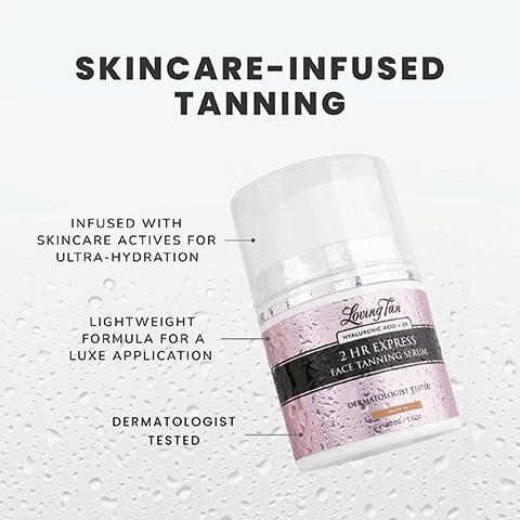 Image 1 - A skincare-infused face tanning serum bottle with a light pink design, featuring bullet points that say infused with skincare actives for ultra-hydration, lightweight formula for a luxe application, and dermatologist tested, all set against a backdrop of water droplets.
Image 2 - Image of a bottle of tanning serum with a pink label, featuring text that states Expertly blended for a luxe tanning experience, Ultra-hydrating hyaluronic acid, nourishing B5 and soothing chamomile-extract, 100% ecocert naturally derived DHA, and 2 hr express tanning technology. The bottle is labeled Loving Tan with 2 HR EXPRESS FACE TANNING SERUM and instructions in English and French.
Image 3 - A smiling woman with glowing skin is shown, accompanied by text that reads FAST-ACTING RESULTS IN JUST 2 HOURS Rinse tinted colour guide off after 2 hours and see visible results. Your tan will continue to develop into a deeper, natural shade over the next 24 hours.