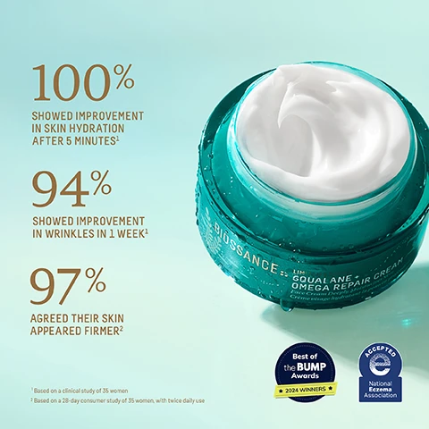 Image 1 - A teal jar of Biossance Squalane Omega Repair Cream is shown with a white cream inside, alongside statistics reading 100% showed improvement in skin hydration after 5 minutes, 94% showed improvement in wrinkles in 1 week, and 97% agreed their skin appeared firmer, with small text indicating the study details and award logos at the bottom.
Image 2 - A green background features stylized seaweed, with text promoting a partnership between Biossance and Oceana, stating their commitment to ocean conservation and mentioning that 5% of proceeds from the product goes to Oceana.
Image 3 - A turquoise background features underwater images of sharks with a circular inset showing a jar and a lid of Biossance Omega Repair Cream, accompanied by text that reads BIOSSANCE:. × OCEANA and SINC 2020, WEVE PARTNERED WITH OCEANA, THE WORLDS LARGEST INTERNATIONAL ADVOCACY ORGANIZATION FOCUSED ON PROTECTING AND RESTORING OUR OCEANS.
Image 4 - Close-up of skin care ingredients including sugarcane squalane, aloe vera, and various droplets of liquids with text indicating their benefits: sugarcane squalane replenishes skin with weightless moisture, multi-weight hyaluronic acid delivers multi-layer hydration, and omega fatty acids plus ceramides deeply nourish and strengthen skins moisture barrier.
Image 5 - Image shows four moisturizer products with their descriptions: Omega Repair Cream for dry to mature skin, Probiotic Gel Moisturizer for oily to combination skin, Vitamin C Rose Moisturizer for normal to dry skin, and Ectoin Overnight Rescue for all skin types, along with their respective textures and key benefits. The title reads FIND YOUR MOISTURE MATCH.