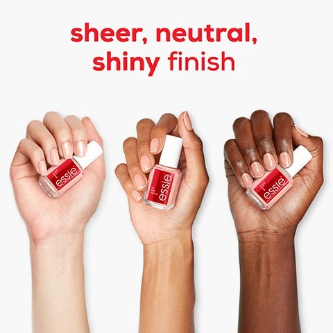 Image 1 - Three hands of different skin tones hold bottles of red nail polish with the text sheer, neutral, shiny finish displayed above them.
Image 2 - A bottle of Essie nail polish with a white cap against a red background, alongside the text that reads improves visible signs of UV gel damage in 5 days.
Image 3 - A close-up image of a nude-colored nail polish on a fingernail, with a shiny top coat, positioned against a red background, featuring the text thick overlay of protection.
Image 4 - A bottle of Essie nail treatment is shown on a red background, with text highlighting its benefits: instantly seals peeling surface, protects against splitting, and thickens nail appearance.