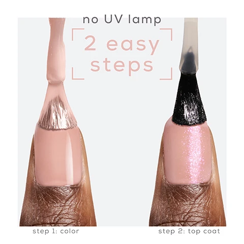 Image 1 - Image shows two swatches of nail polish on a persons fingers; the left swatch is a solid pink color labeled step 1: color, and the right swatch has a glossy sparkle finish labeled step 2: top coat, with the text no UV lamp and 2 easy steps in the background.
Image 2 - Image shows three circular blobs of shimmering products in silver, pale pink, and yellow, with the text prismatic pearl technology displayed at the top.
Image 3 - Image shows three bottles of Essie nail polish top coats in shades of yellow, iridescent, and silver arranged on a white display with a pink gradient background, with visible text saying metallic glaze, top coats, and up to 15 days of wear with re-application of top coat at day 7.
Image 4 - A hand holding a bottle of pink nail polish with various nail colors displayed on fingers, and the text customize with top coats, shiny top coat, glazed chrome, crushed gold, and blushed metal.